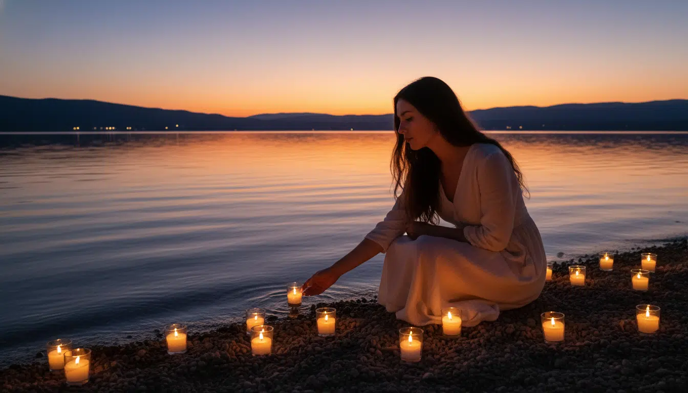 Femme pensive au bord d'un lac au crépuscule