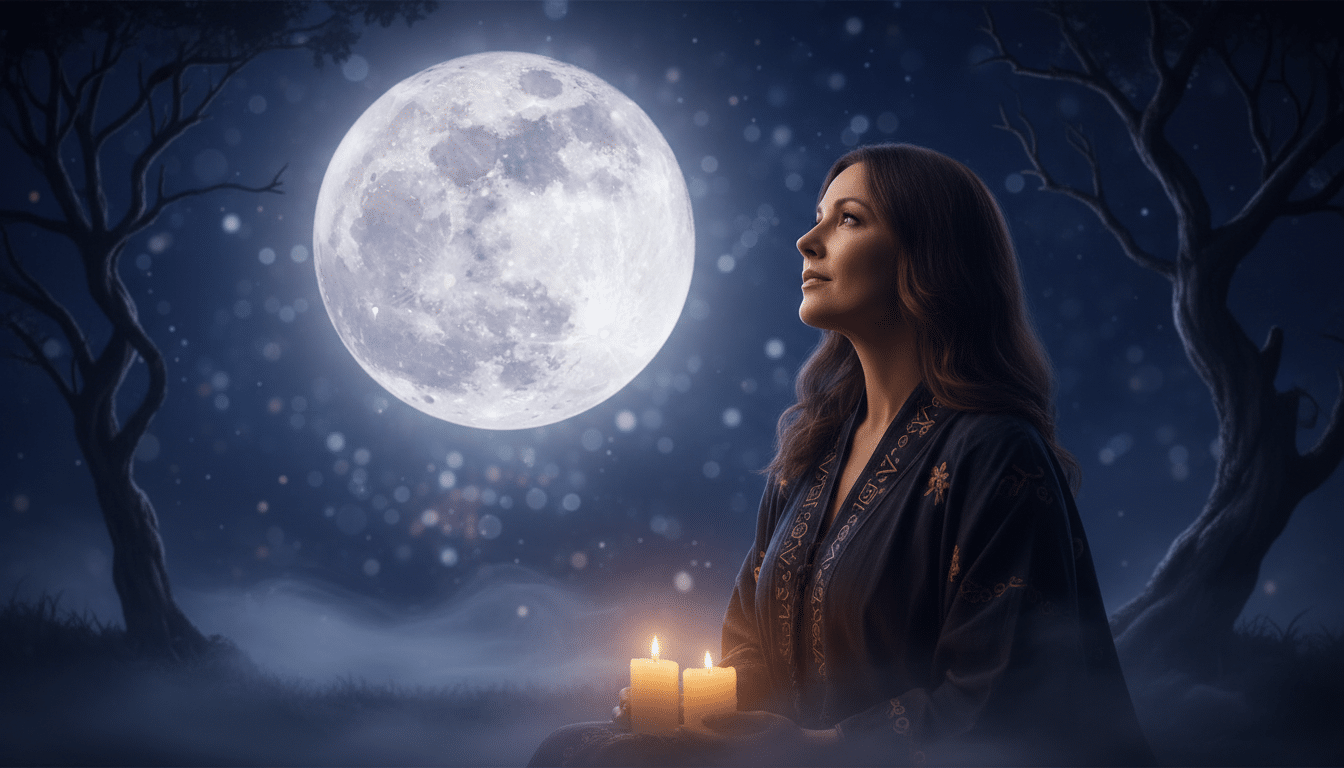 Femme contemplant la pleine lune dans une ambiance mystique