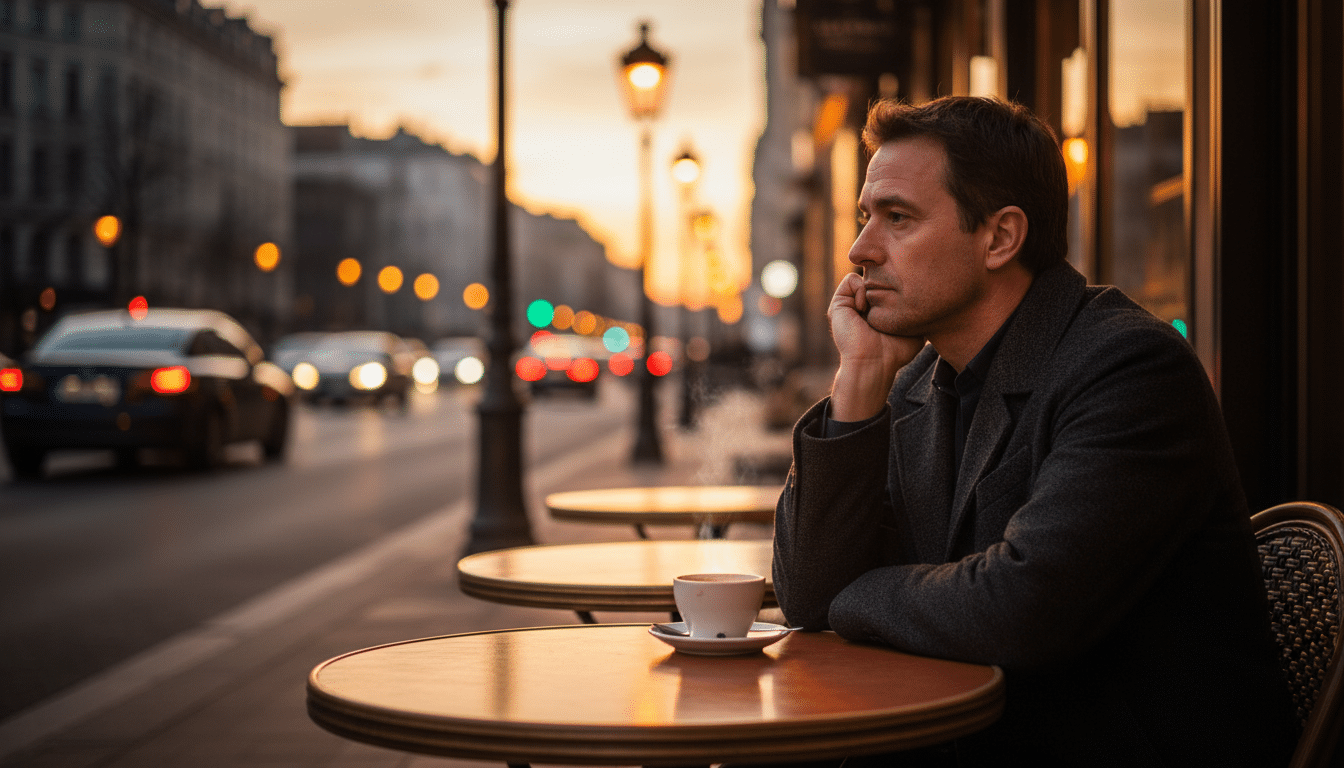 Homme pensif à une terrasse au crépuscule doré