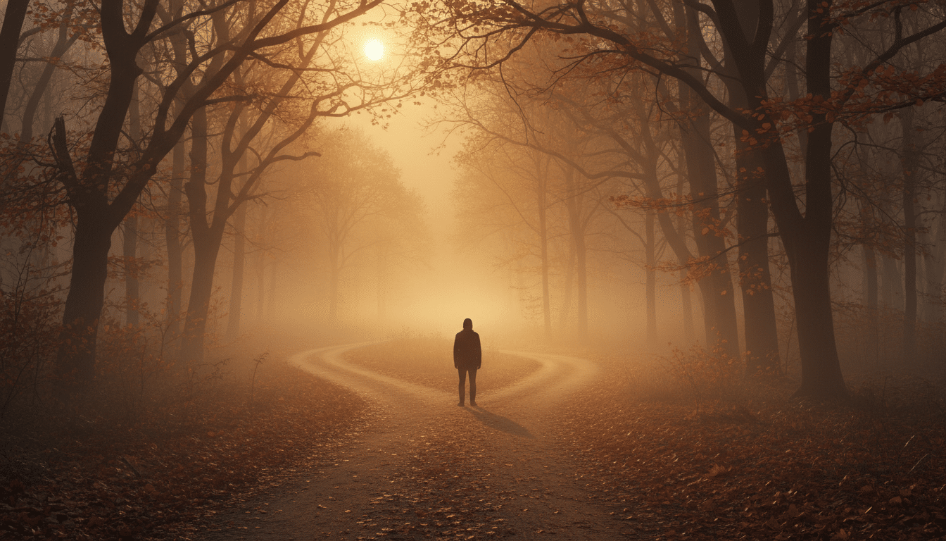 Personne face à un croisement de chemins en forêt dorée