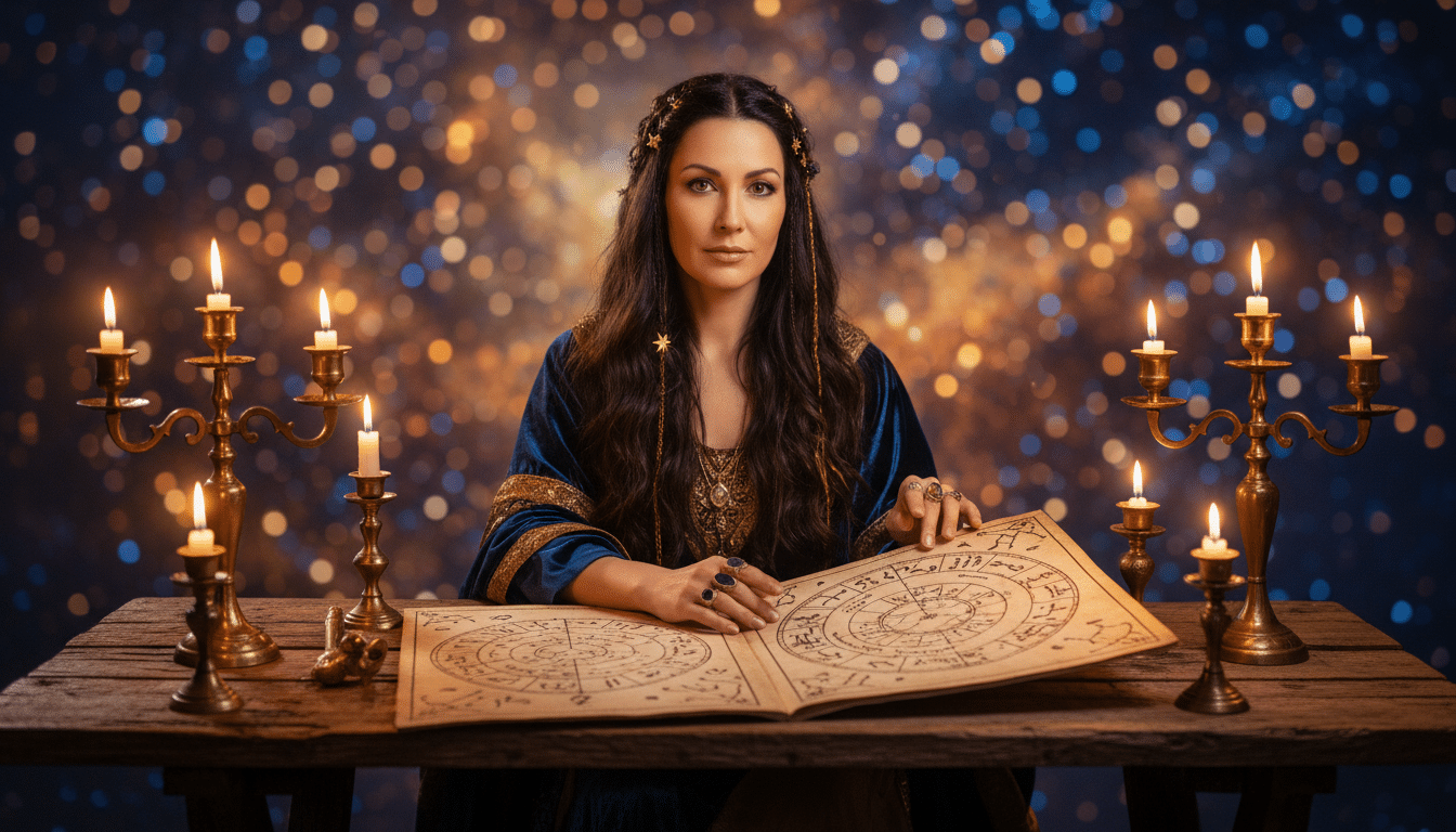 Femme lisant un calendrier astral à la lumière dorée