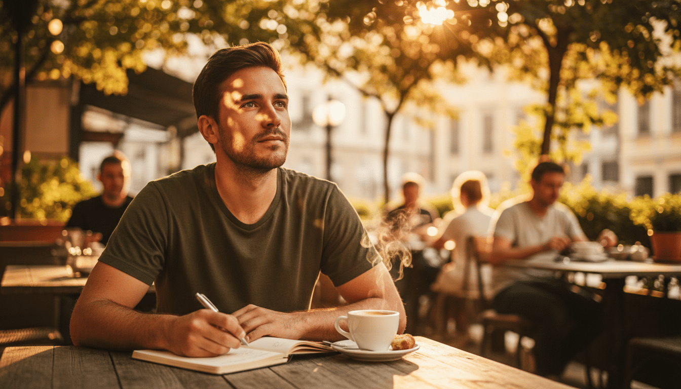 Homme inspiré écrivant dans un journal au soleil
