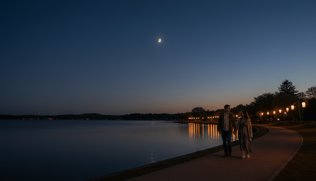 Couple marchant au bord d'un lac sous la nouvelle lune