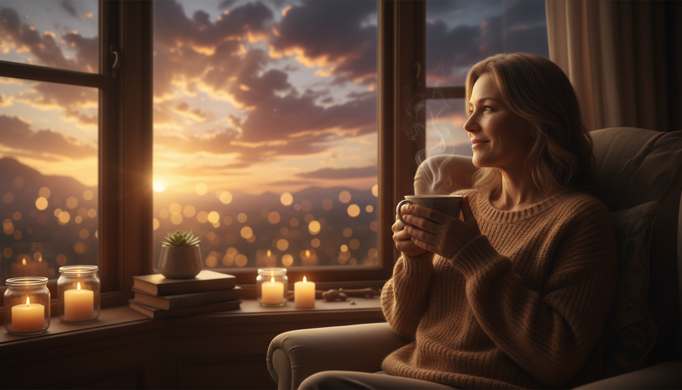 Femme contemplant le ciel à l'aube avec une tasse de thé