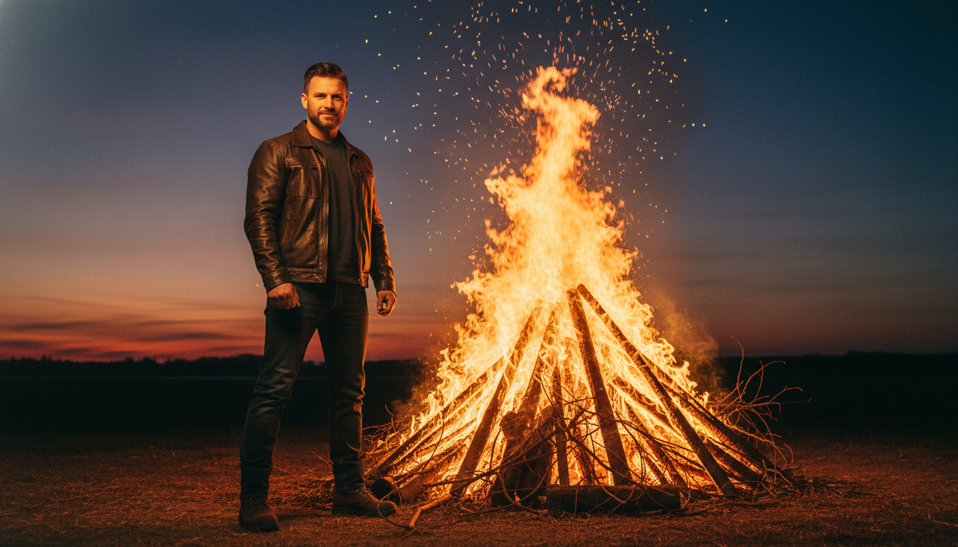 Homme debout devant un feu de joie au crépuscule