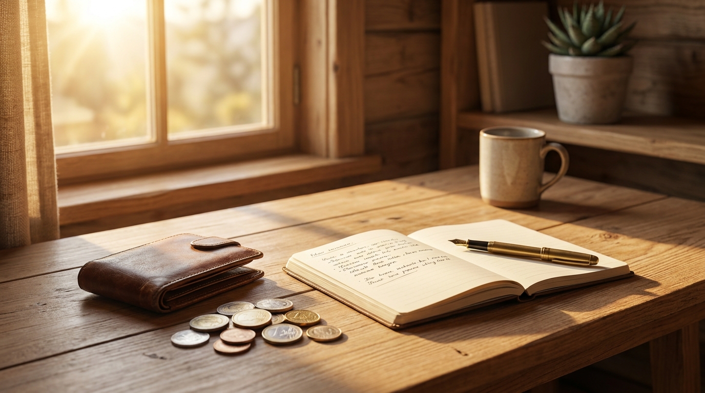 Bureau minimaliste avec portefeuille, pièces et carnet