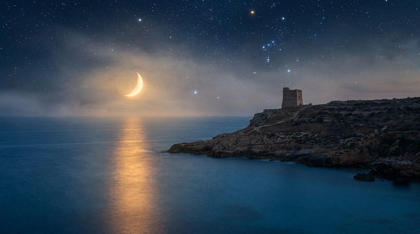 Ciel étoilé au-dessus d'une mer calme au crépuscule
