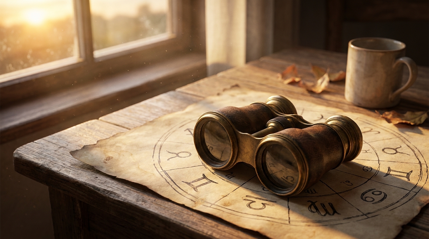 Jumelles posées sur une carte astrologique près d'une fenêtre