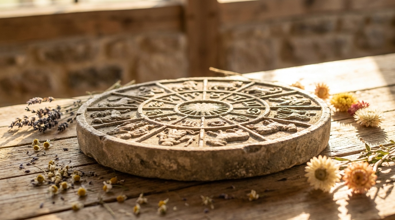 Roue du zodiaque en pierre sur table en bois ensoleillée