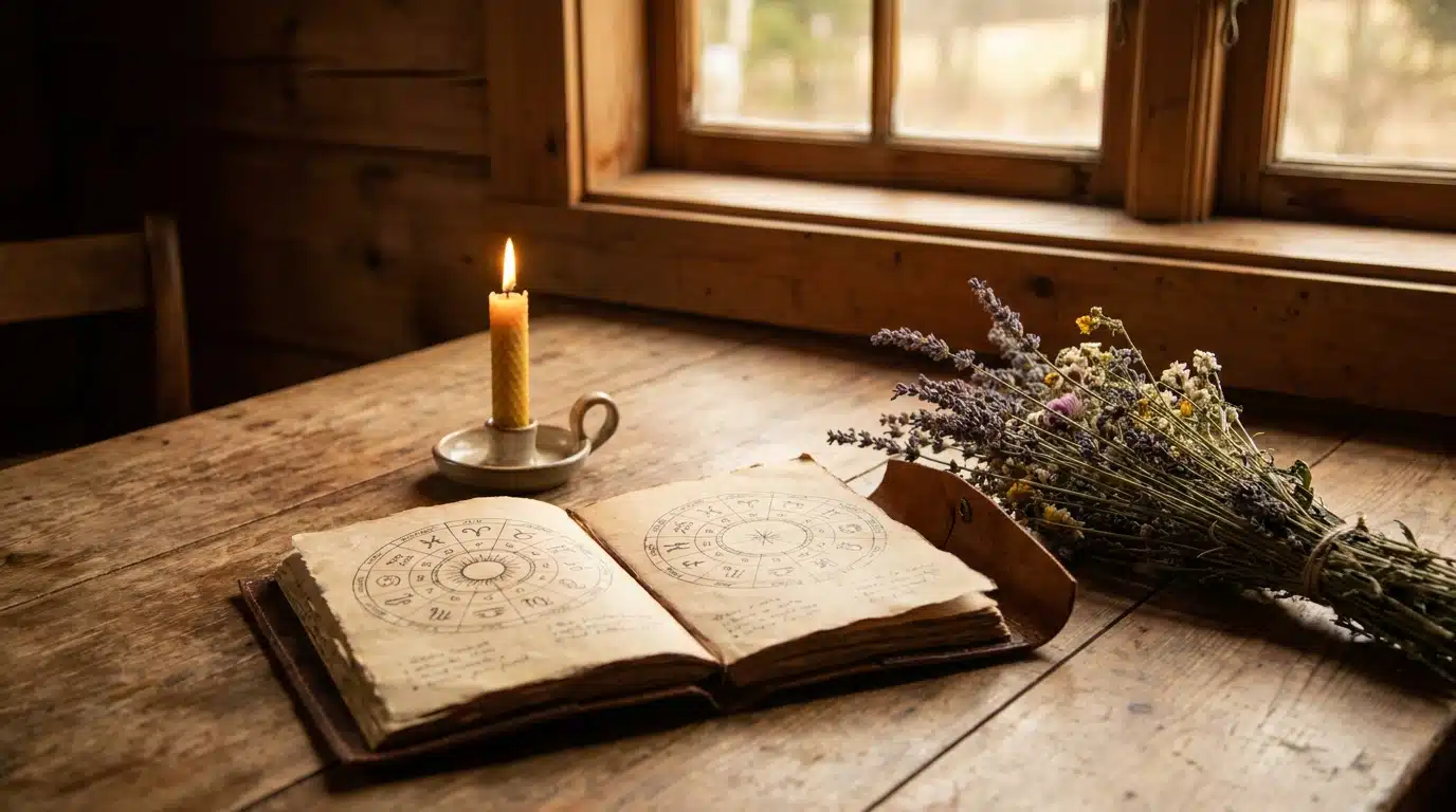 Journal astrologique ouvert à côté d'une bougie allumée