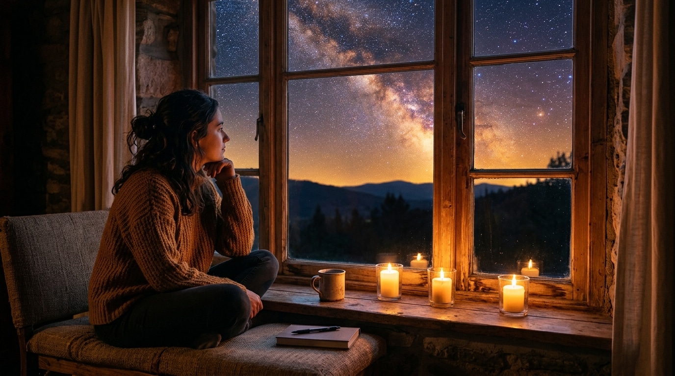 Personne contemplant un ciel étoilé ambiance mystique dorée