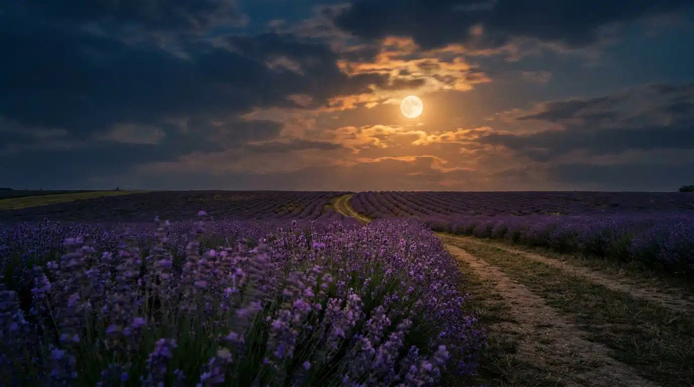 Ciel nocturne d'été avec pleine lune au-dessus de champs de lavande