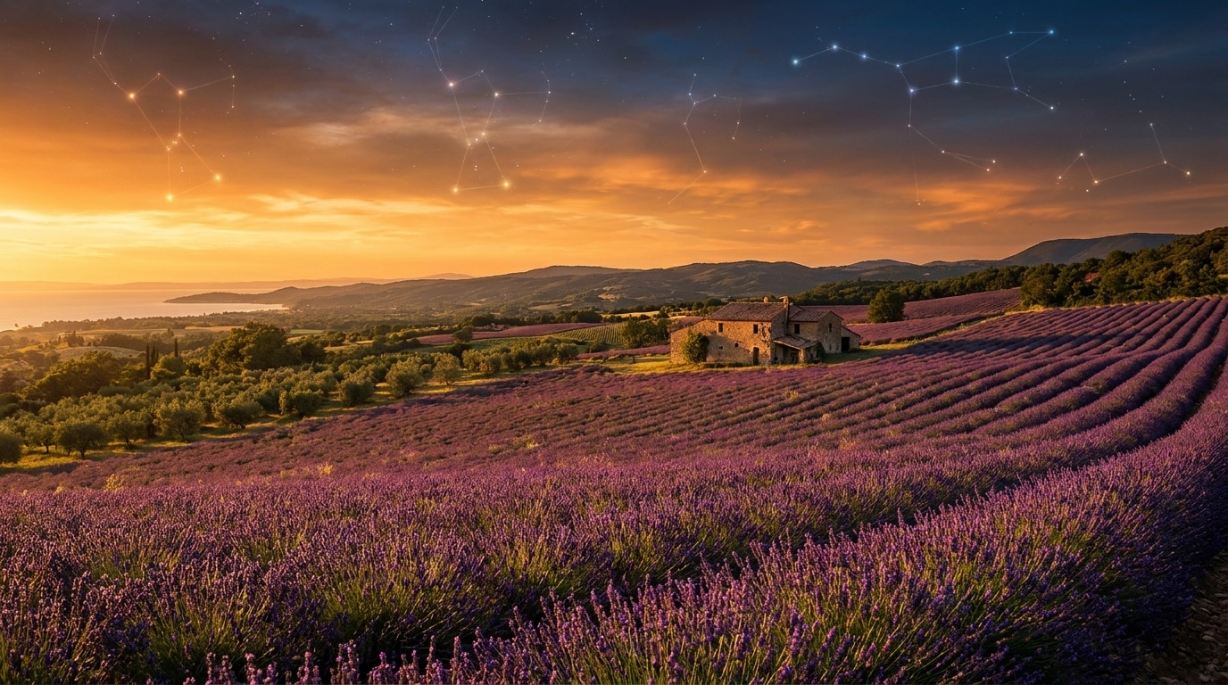 Ciel doré au crépuscule au-dessus de champs de lavande