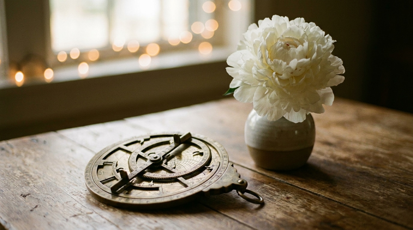 Astrolabe en laiton sur table en bois avec pivoine blanche