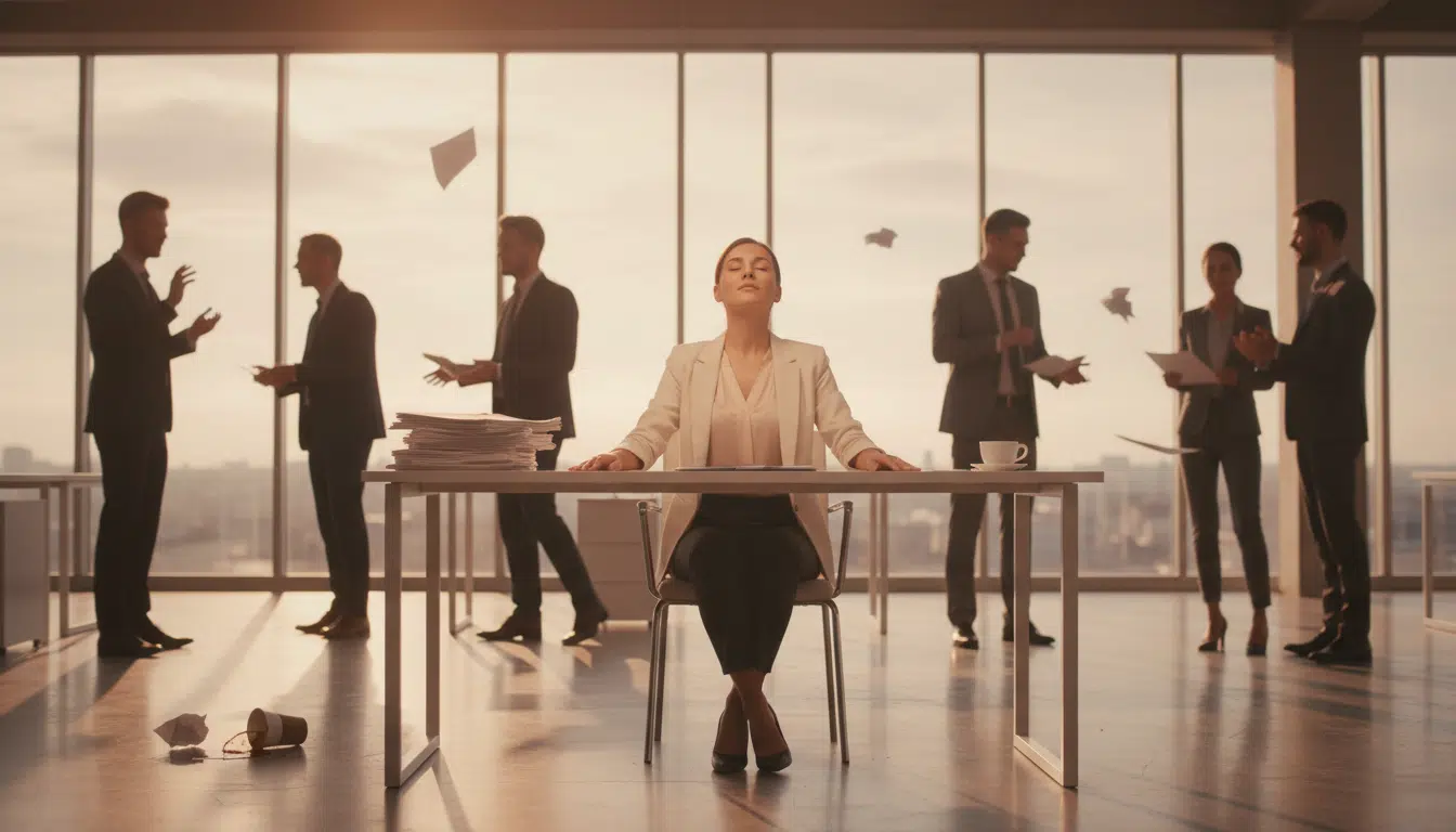 Femme gardant son calme dans un open space agité