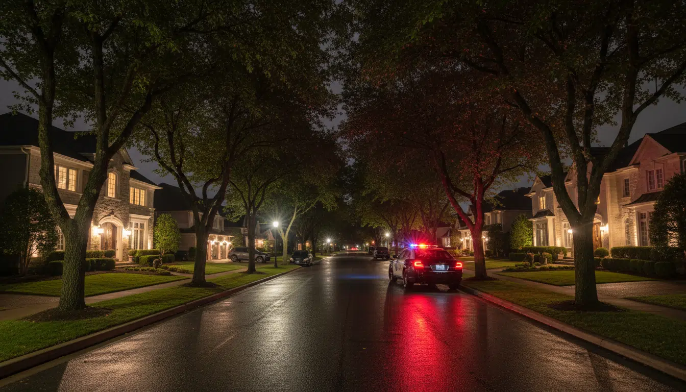 Rue résidentielle de River Oaks avec voiture de police la nuit