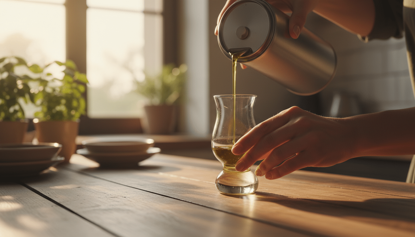 Huile d'olive versée d'un bidon métallique dans un verre de dégustation