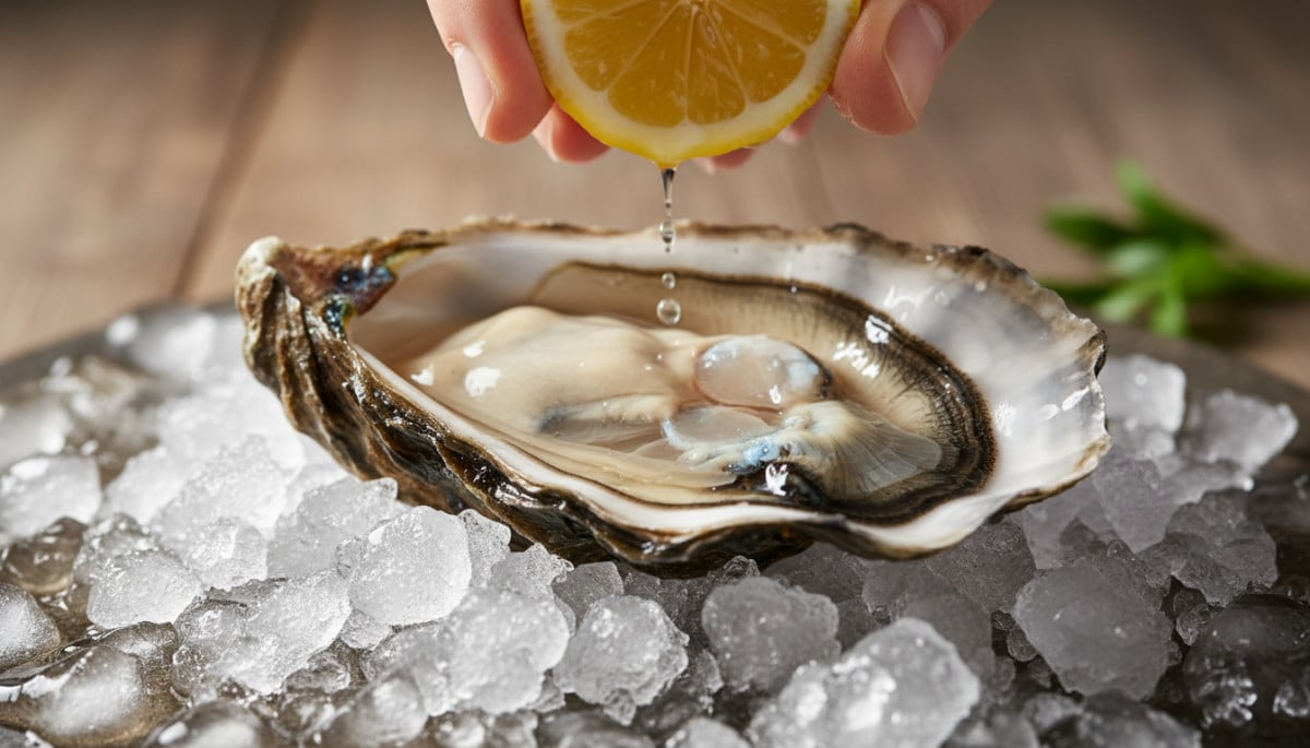 Huître fraîche qui se rétracte au contact du citron