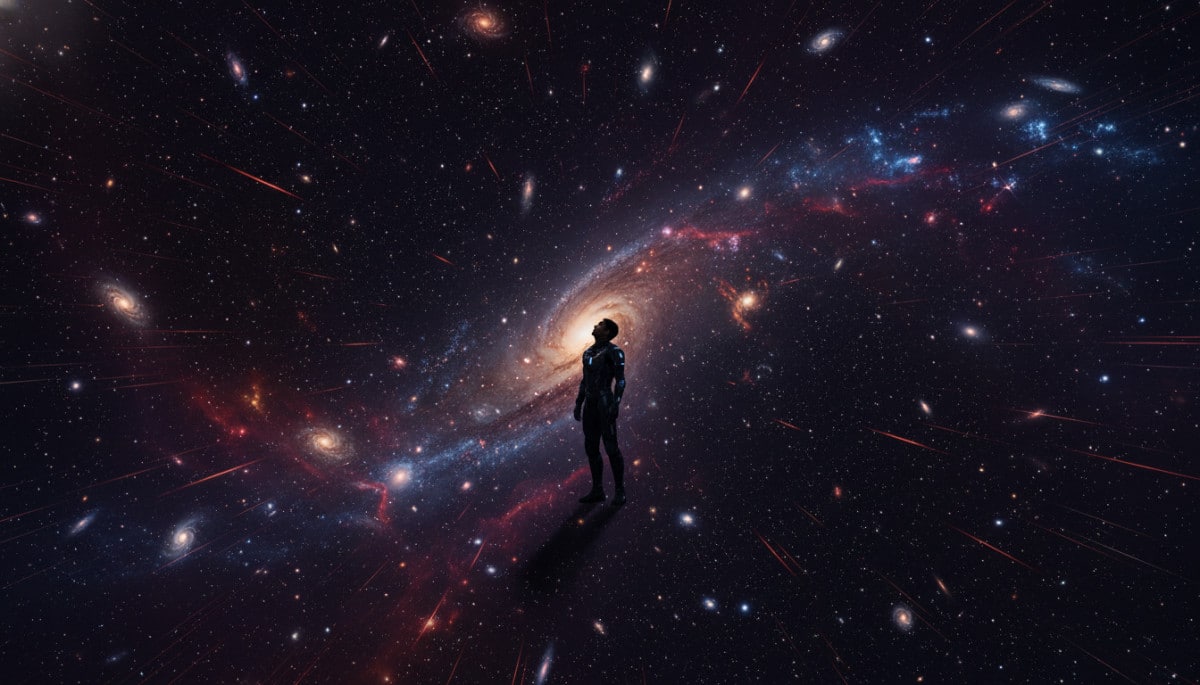Humain entouré d'étoiles dans l'univers en expansion