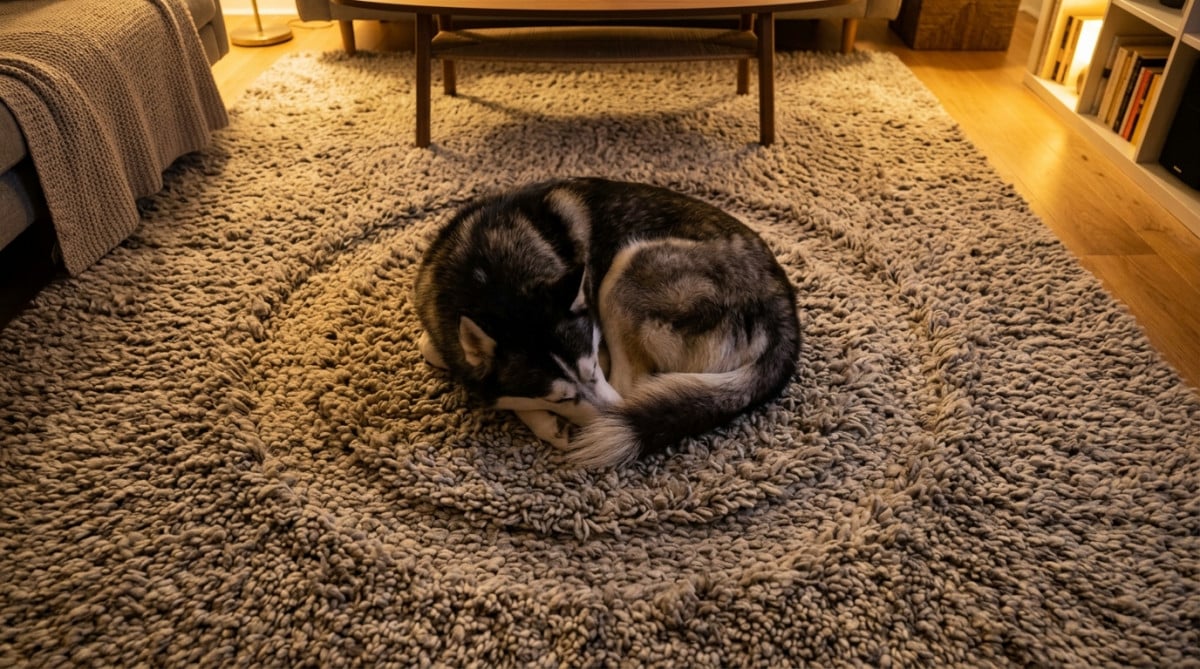 Husky couché en boule sur un tapis après avoir tourné
