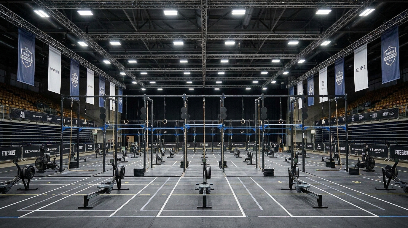 Salle de compétition sportive indoor lors d'un événement Hyrox avec équipements de fitness fonctionnel
