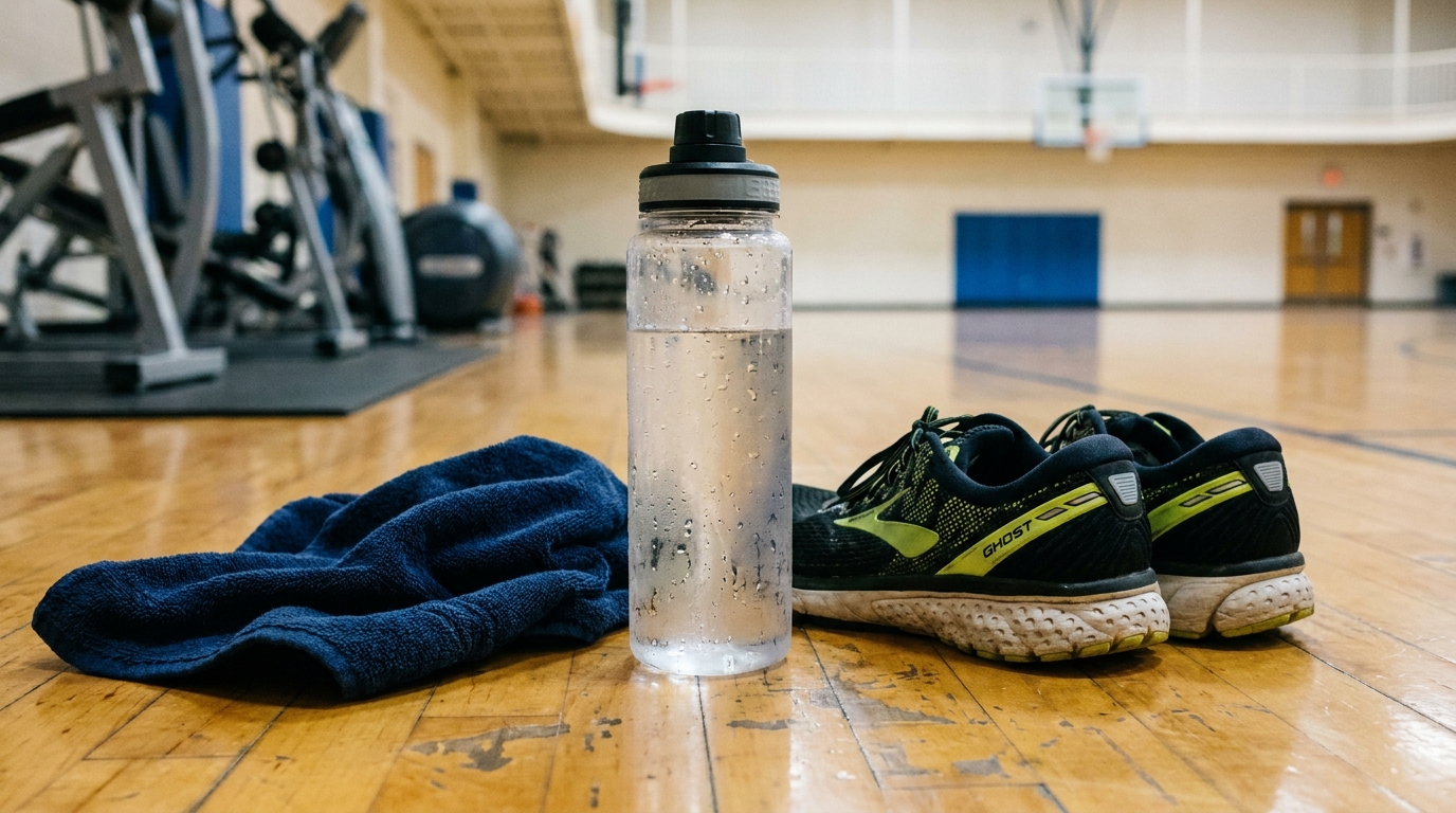Bouteille d'eau et serviette de sport posées sur le sol d'une salle de sport, rappelant l'importance de l'hydratation lors d'efforts intenses