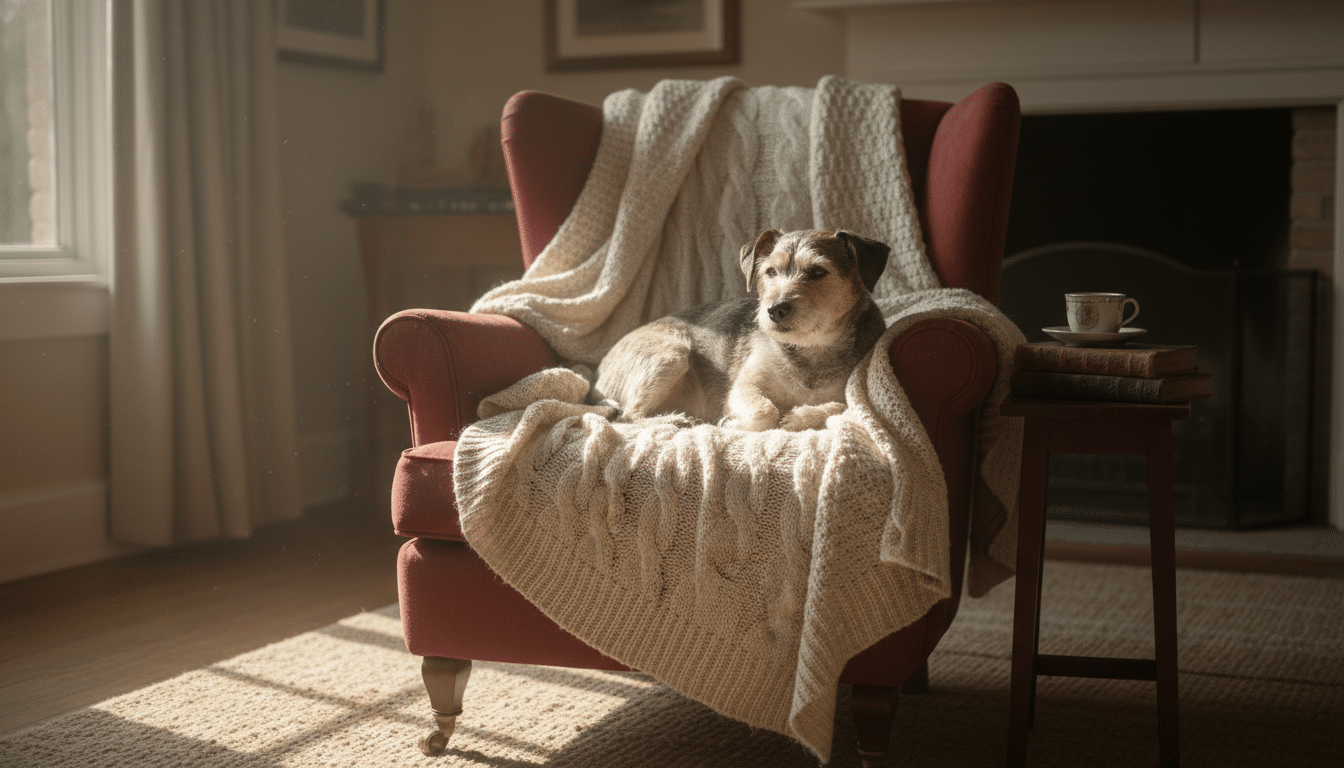 Petit terrier âgé reposant sur une couverture