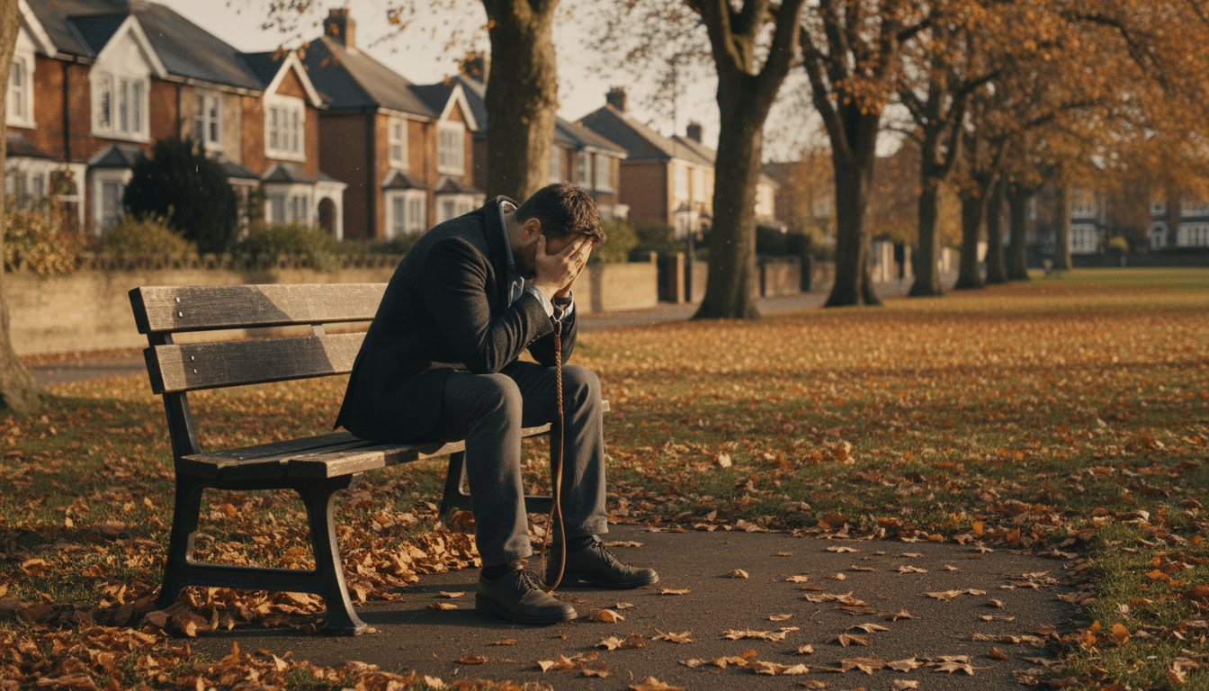 Homme seul sur un banc avec une laisse de chien