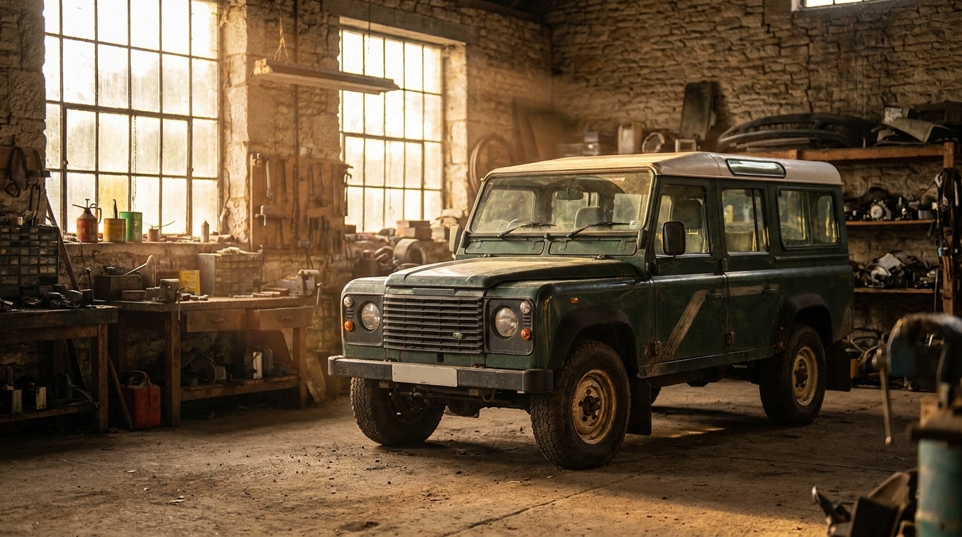 Land Rover Defender dans un atelier anglais baigné de lumière
