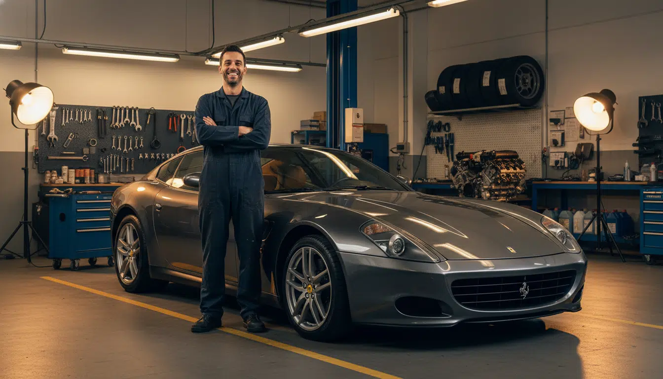 Mécanicien français devant son Ferrari 612 Scaglietti en atelier