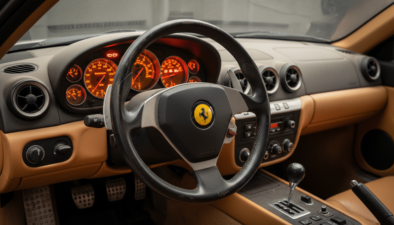 Tableau de bord du Ferrari 612 avec voyants d'alerte allumés