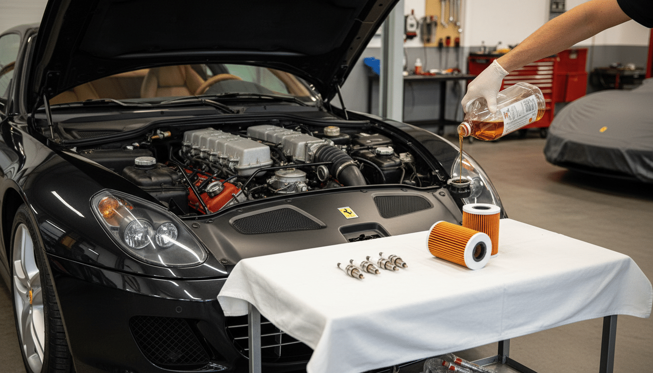 Moteur V12 du Ferrari 612 Scaglietti en cours de révision