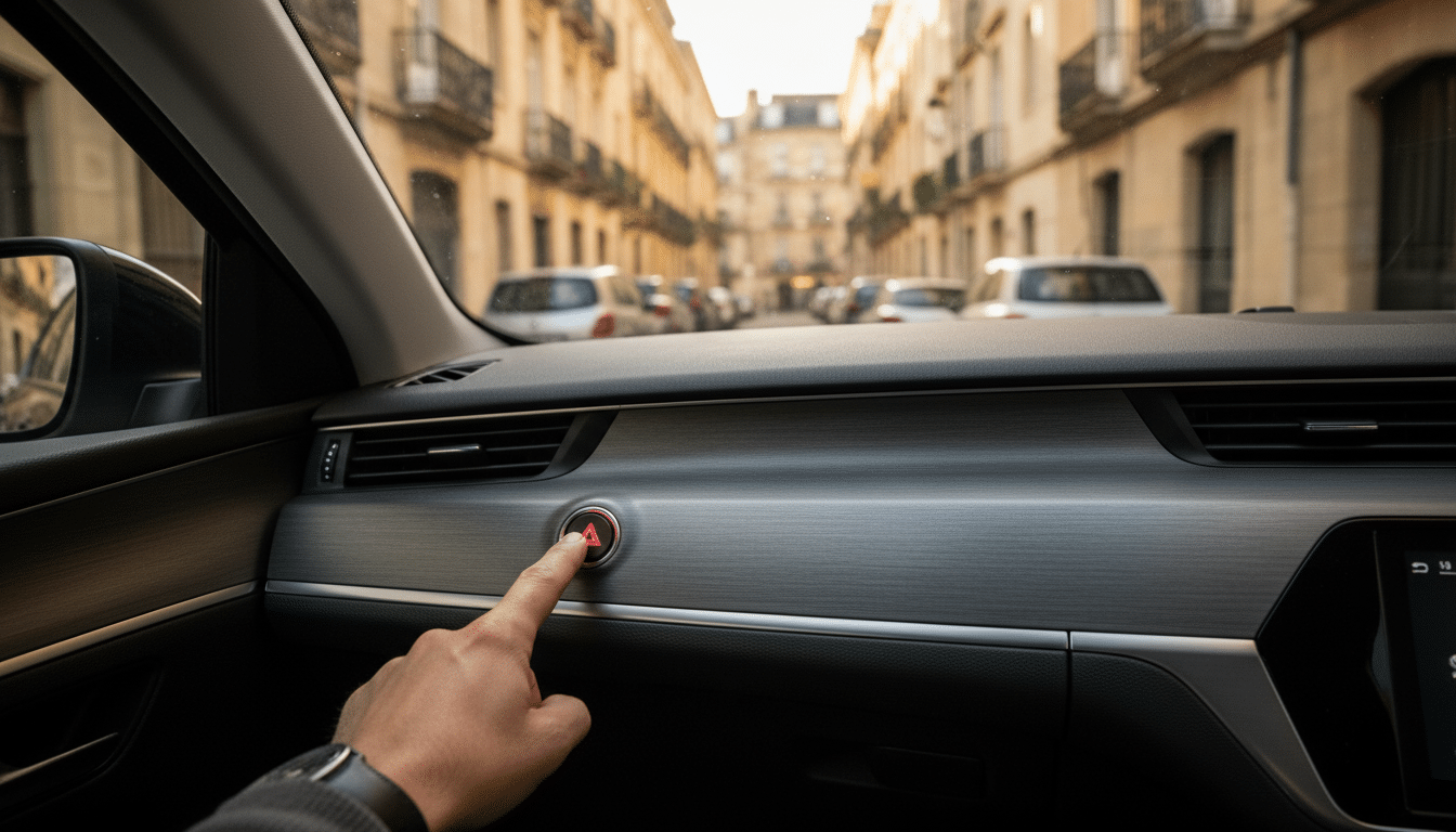 Conducteur appuyant sur le bouton des feux de détresse