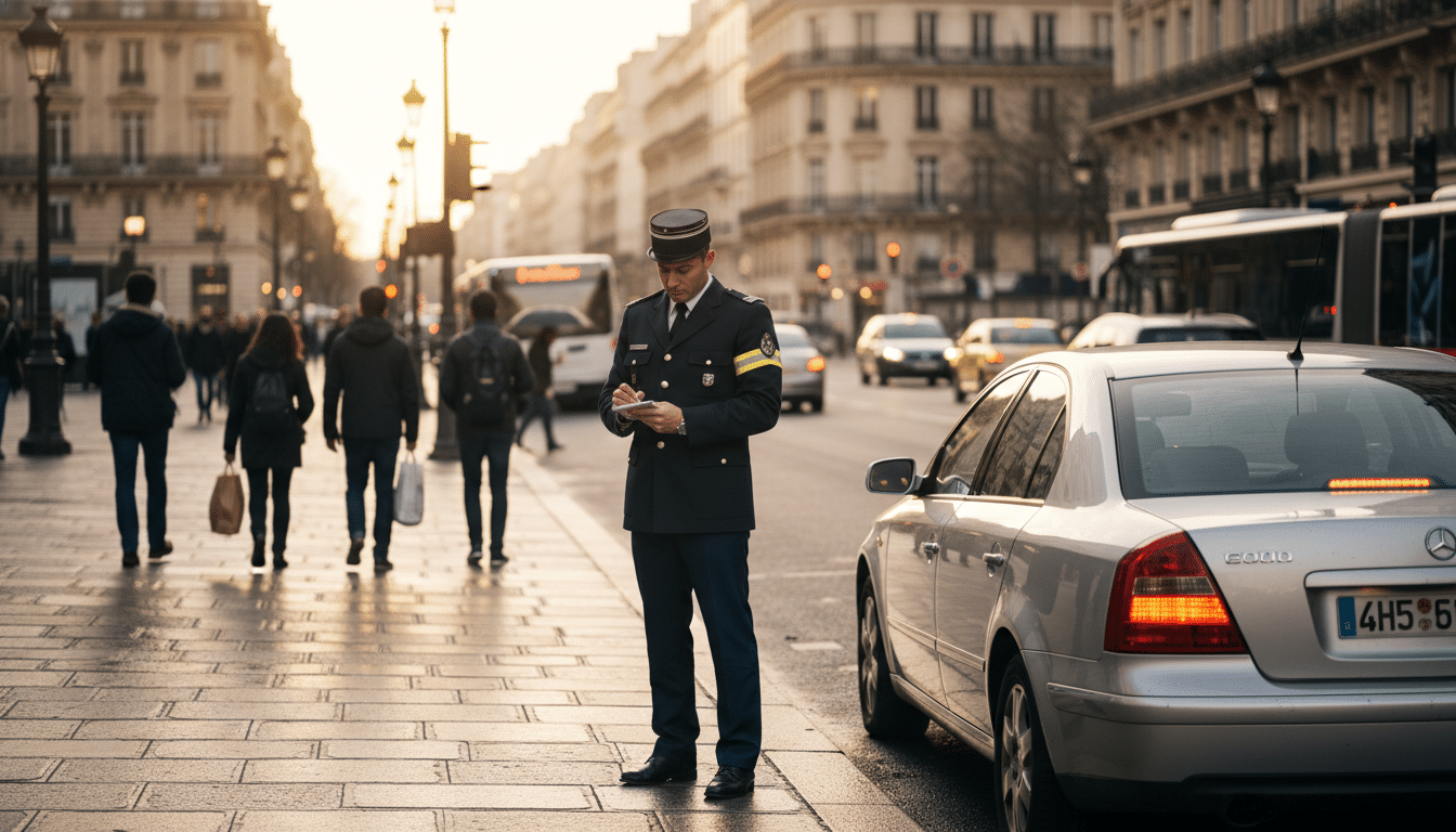 Agent verbalisant une voiture garée avec les warnings allumés