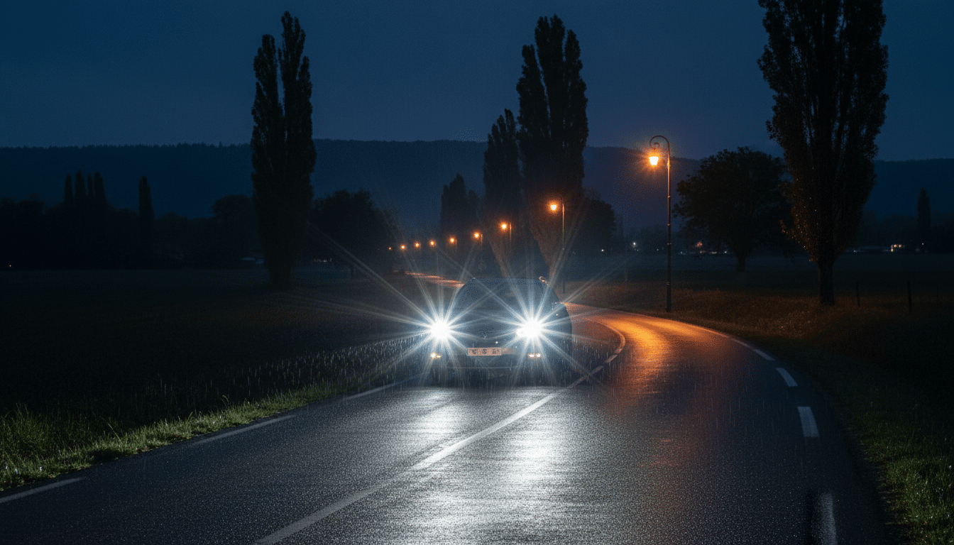 Phares éblouissants sur une route de nuit en France