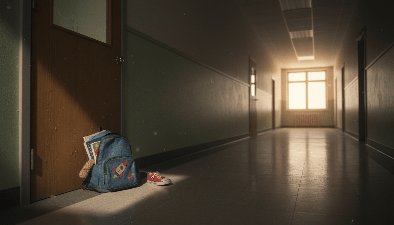 Couloir d'école vide avec un sac d'enfant abandonné