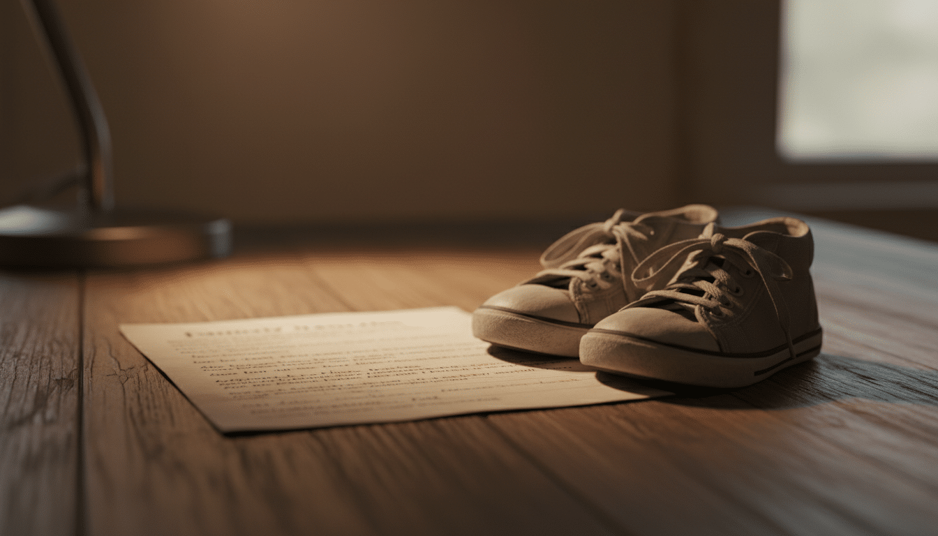 Document de tutelle et chaussures d'enfant sur une table