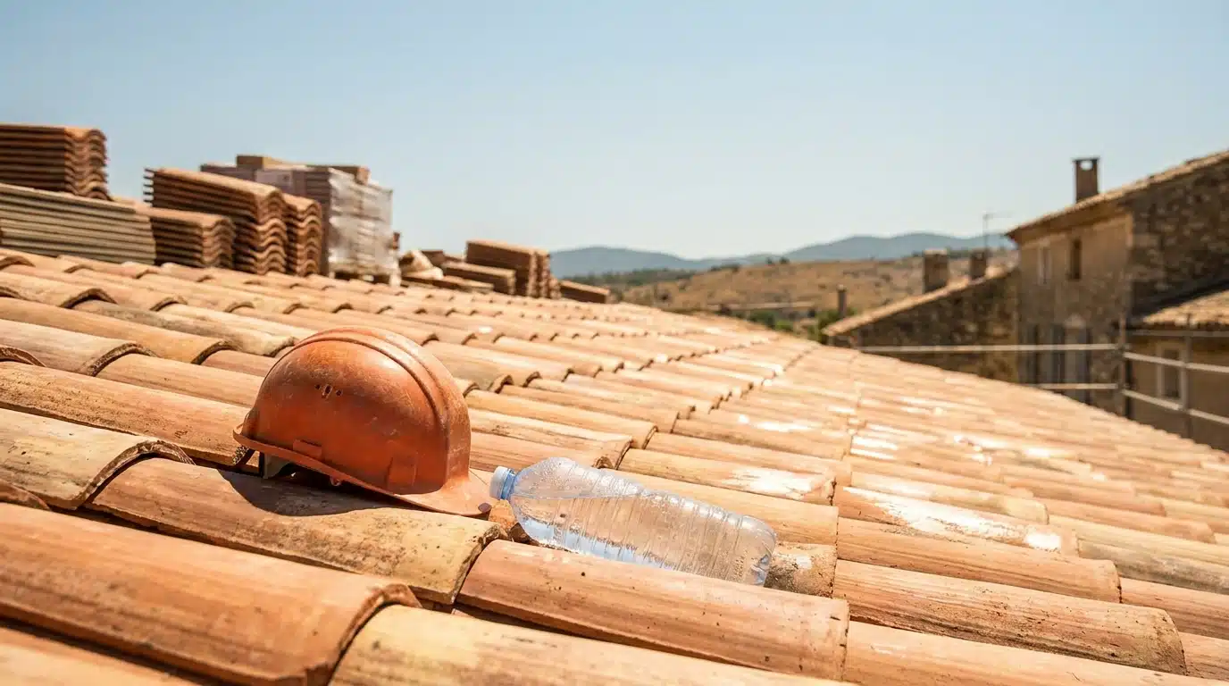 Toiture en tuiles sous un soleil écrasant avec casque de chantier