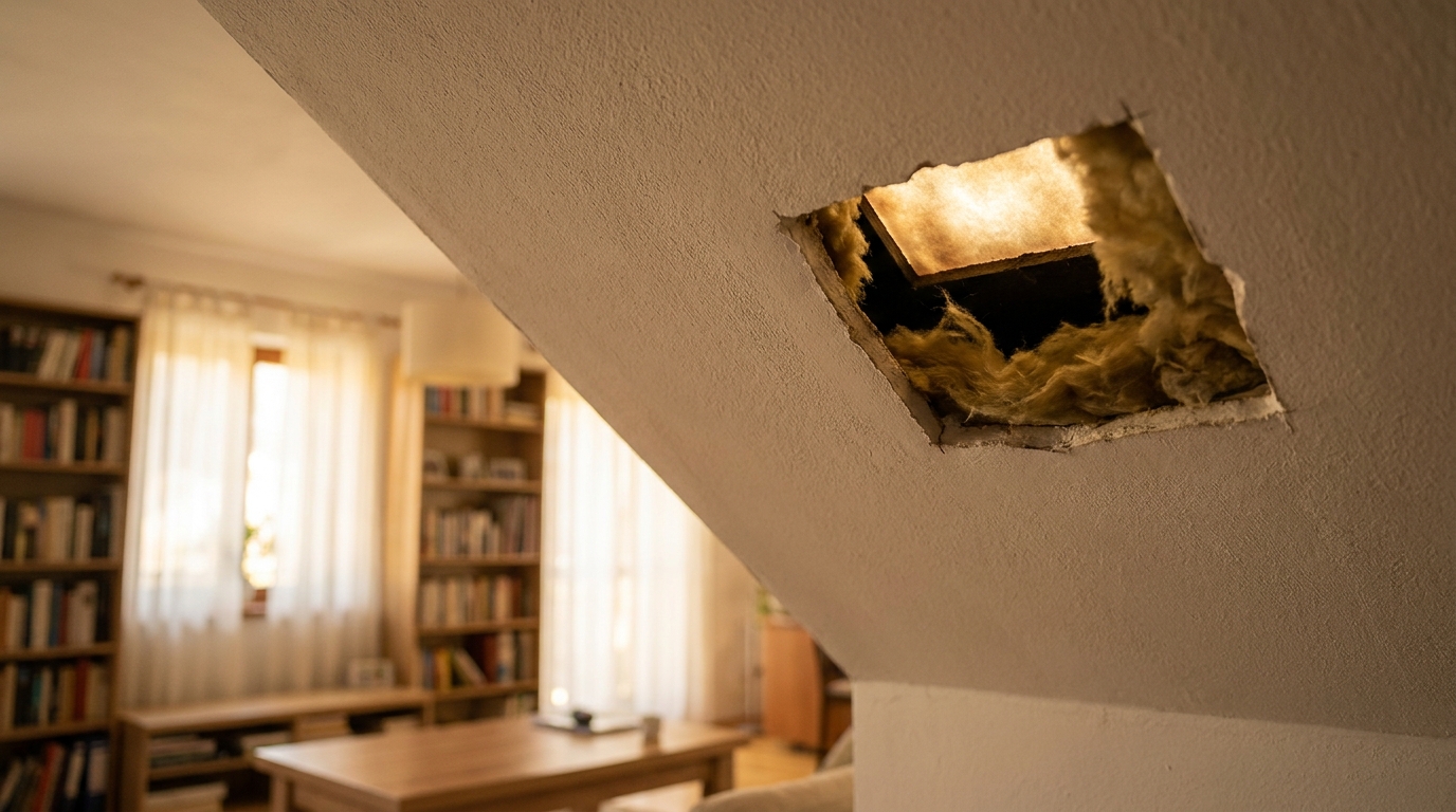 Trou découpé dans un plafond d'appartement résidentiel