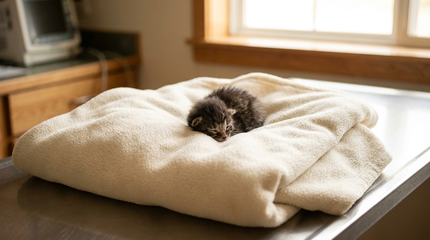 Minuscule chaton nouveau-né endormi sur une couverture douce