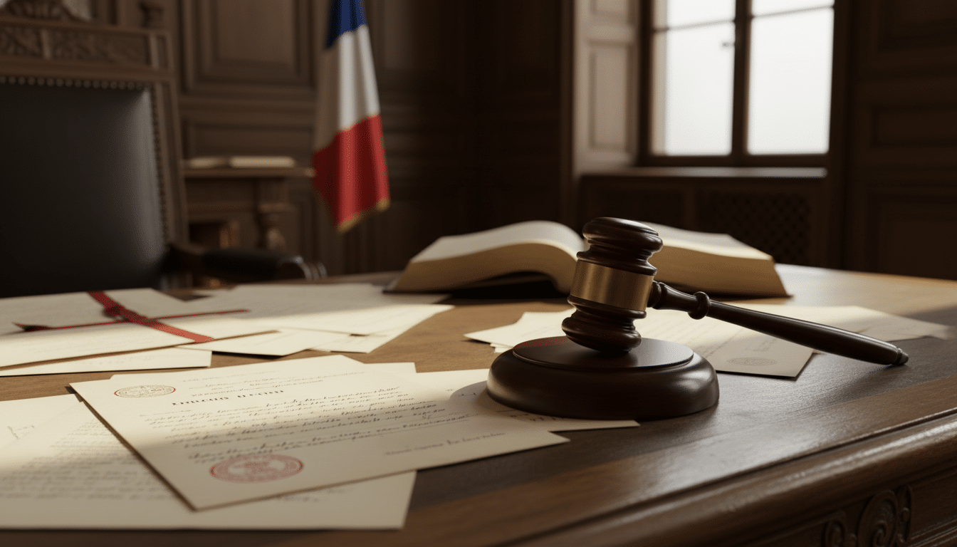 Marteau de juge sur un bureau de tribunal français