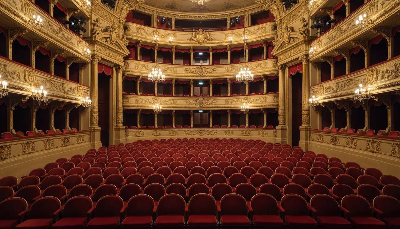 Salle de théâtre parisien vide avec fauteuils en velours rouge et éclairage doré