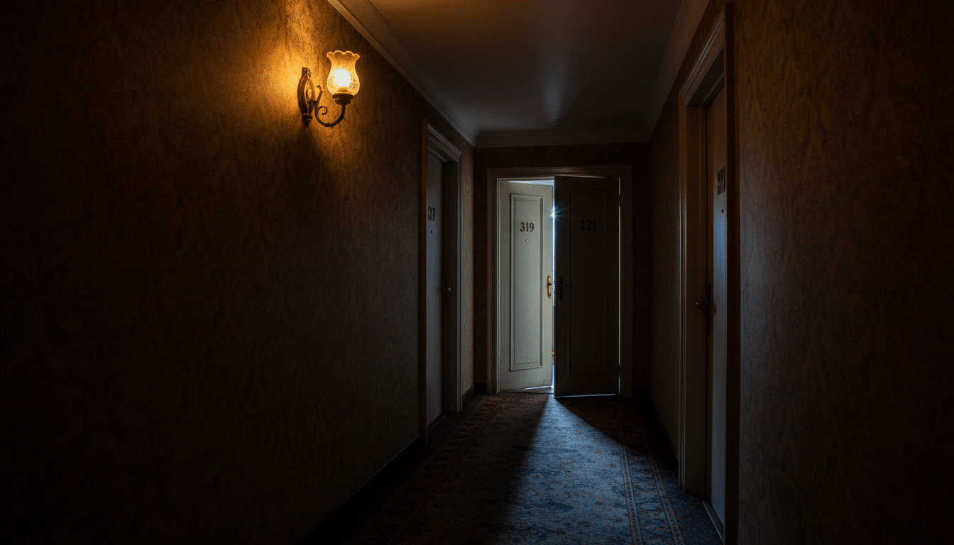Couloir d'hôtel sombre avec une porte entrouverte