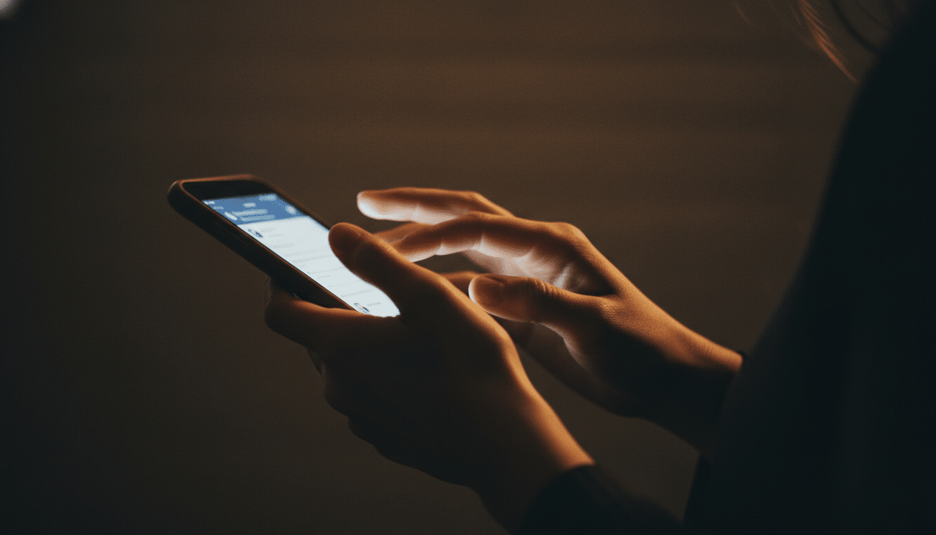 Mains de femme écrivant un message sur un téléphone dans l'obscurité