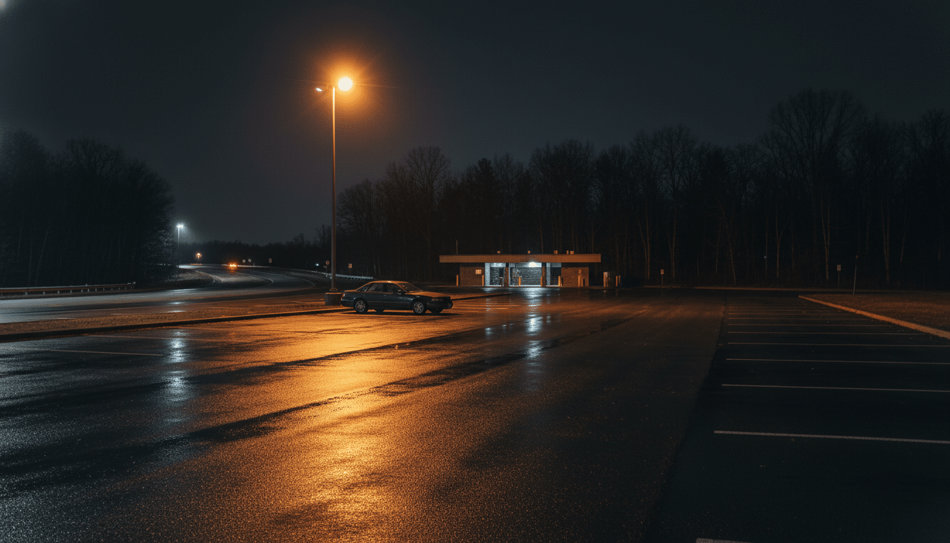 Aire d'autoroute déserte la nuit sous un éclairage orangé