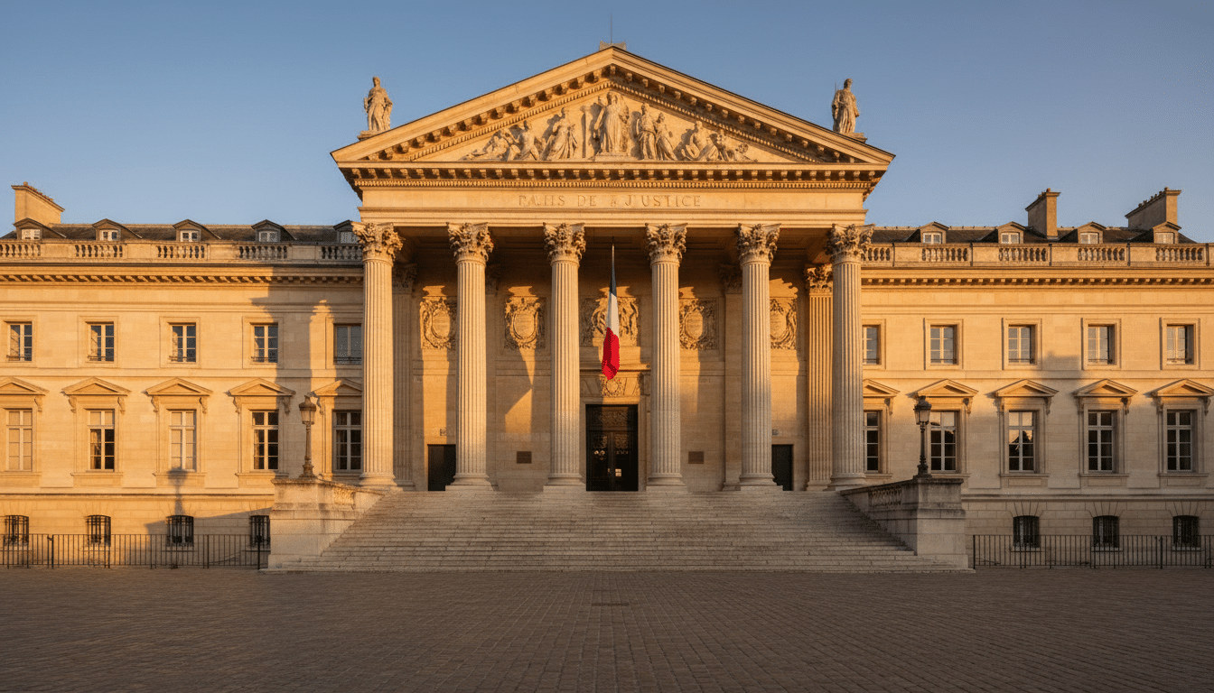 Façade d'un palais de justice français au soleil couchant