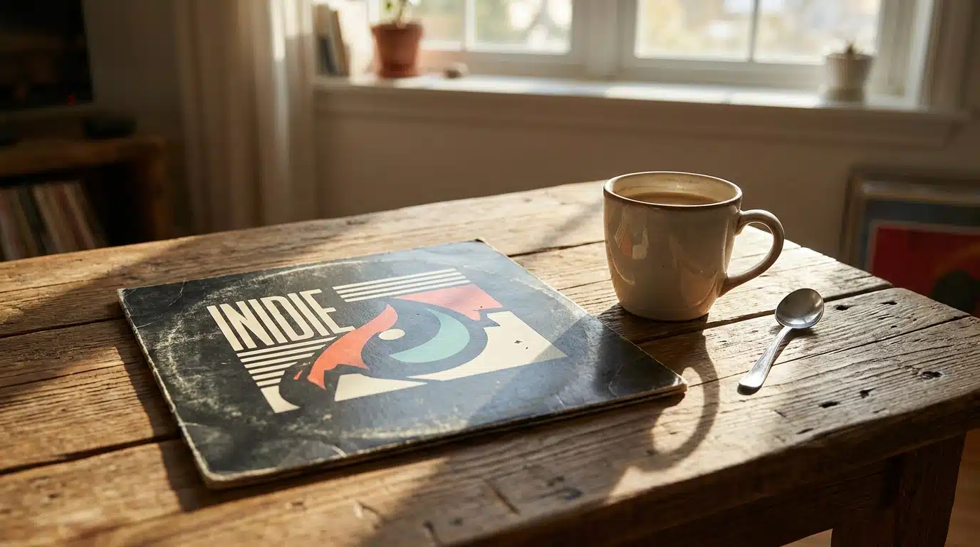 Album vinyle posé sur une table en bois près d'un café, lumière matinale chaleureuse