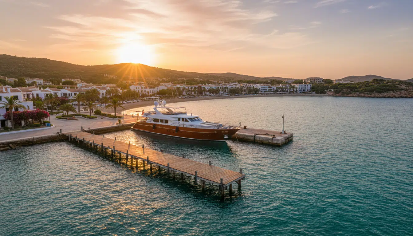 Quai de luxe en Sardaigne au coucher du soleil avec yacht amarré