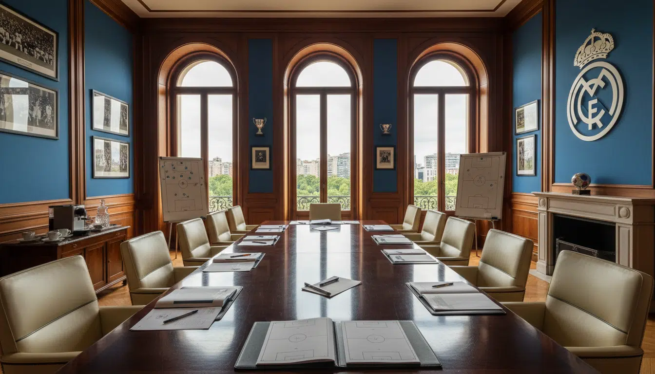 Salle de réunion vide d'un grand club de football avec documents éparpillés