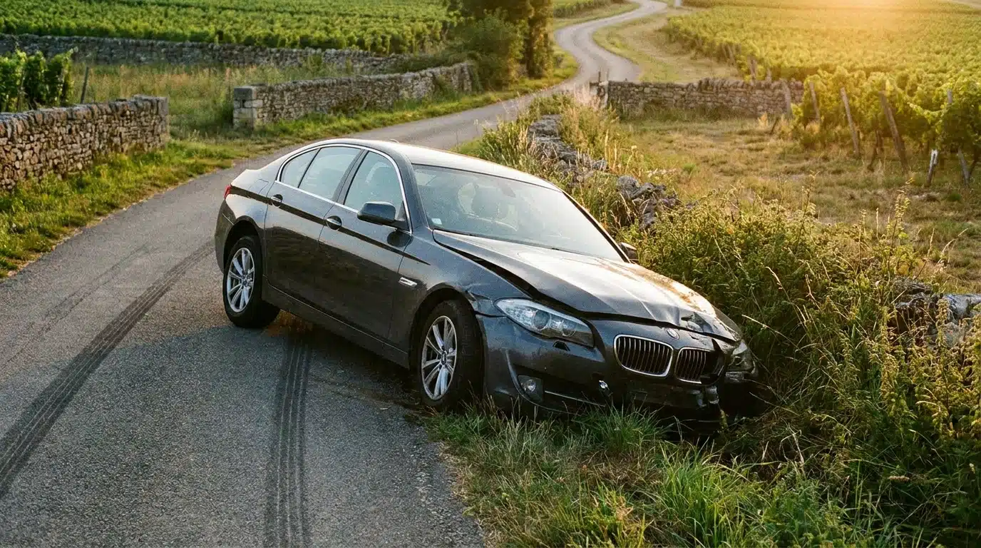 BMW endommagée dans un fossé en bord de route de campagne